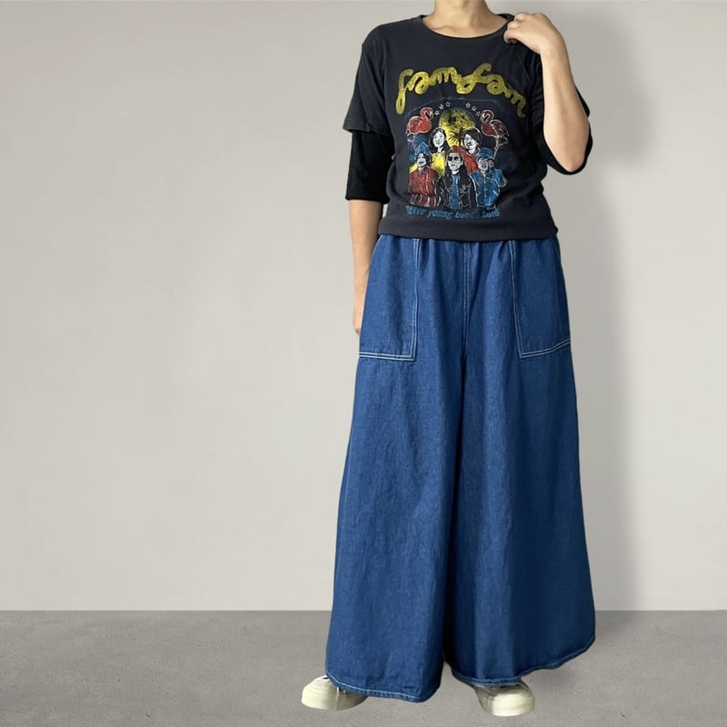 国産岡山産デニム　コットンリネン　ワイドパンツ　服作り40年の田舎町仕立屋 国産岡山産デニム コットンリネン ワイドパンツ 服作り40年の