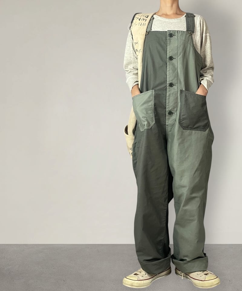 数量限定】デッキオーバーオール□バイカラー濃淡カーキ | NUU-GARMENT