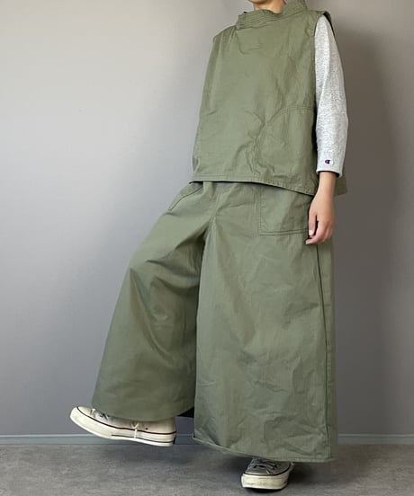 スカートに見えるワイドパンツ■ミリタリーヘリンボーンツイル■カーキ