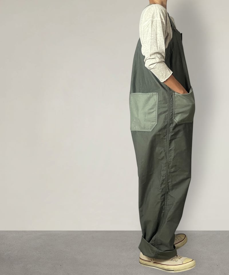 数量限定】デッキオーバーオール□バイカラー濃淡カーキ | NUU-GARMENT