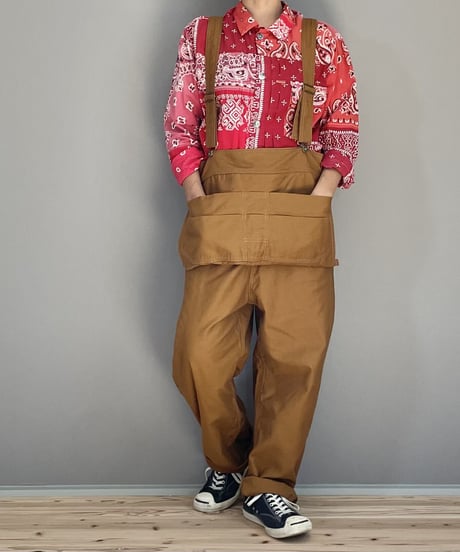■バックスエプロンオーバーオール■ミリタリーバックサテン■キャメル