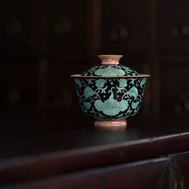 古彩黑底緑紋蓋碗 PA064 | Looking For 物色
