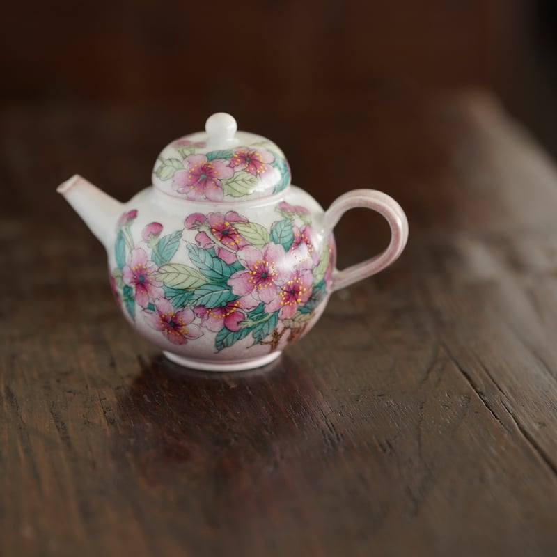 スペード 粉彩茶壺① 牡丹福寿文 同治年製在印 骨董品 時代