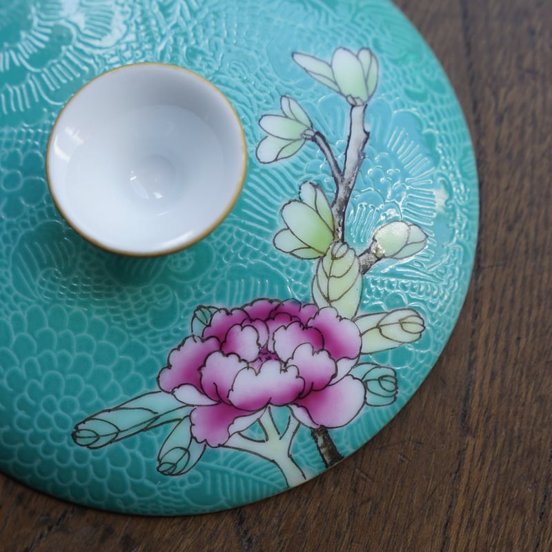 中国美術 粉彩 花鳥画 蓋碗 皿 一対(K-HA502) 描金琺瑯蓋碗（黄色） 160ml（満水220ml） 中国茶器 : 天香茶行