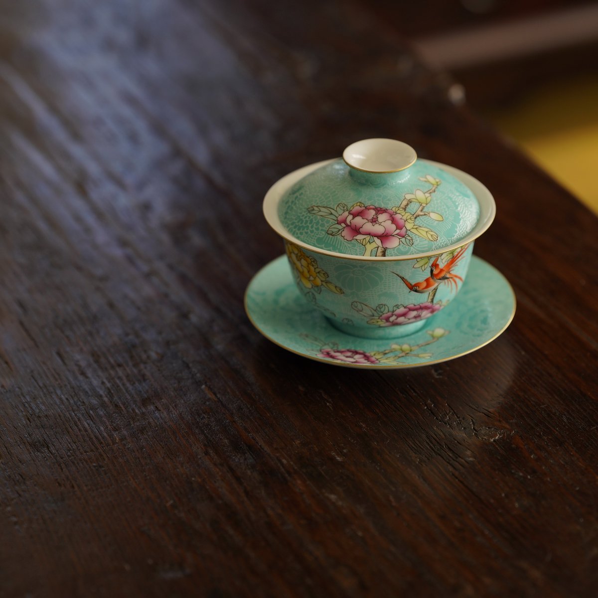 中国美術 粉彩 花鳥画 蓋碗 皿 一対(K-HA502) 中国美術 粉彩 花鳥画 蓋碗 皿 一対(K-HA502) 中国美術 粉彩 花鳥