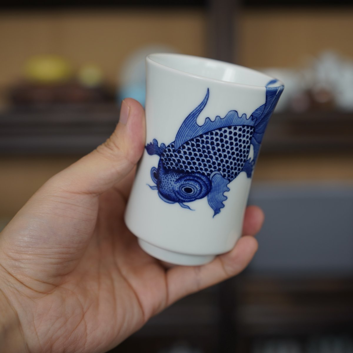 平安竹泉 青華染付 雙鱼紋樣 四角盃 茶道具 平安竹泉 青華染付