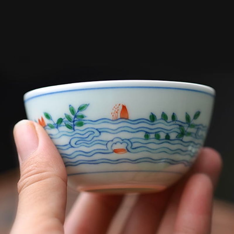 中国清時代　闘彩　海水魚文茶碗 盃 豆彩 鬥彩 大清雍正年製在銘 官窯 中国清時代 闘彩 海水魚文茶碗 盃 豆彩 鬥彩 大清雍正