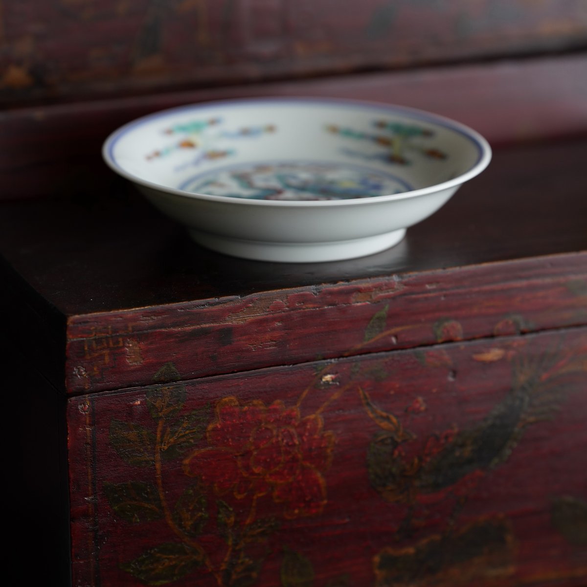 清時代 五彩龍鳳凰文皿 灰皿 乾隆年製? 紫檀唐木喫煙具セット WWWT109 清時代 五彩龍鳳凰文皿 灰皿 乾隆年製? 紫檀唐木喫煙具セット