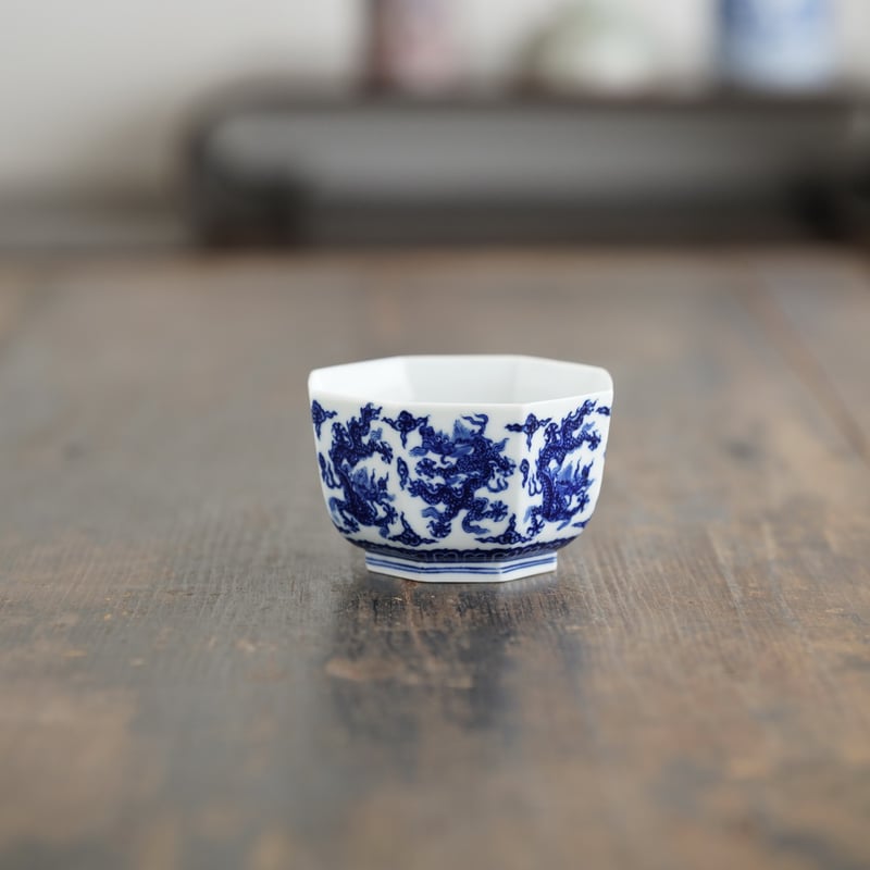 中国 青花青緑彩 龍紋小杯 二客 大明成化年製款 古陶磁 茶道具