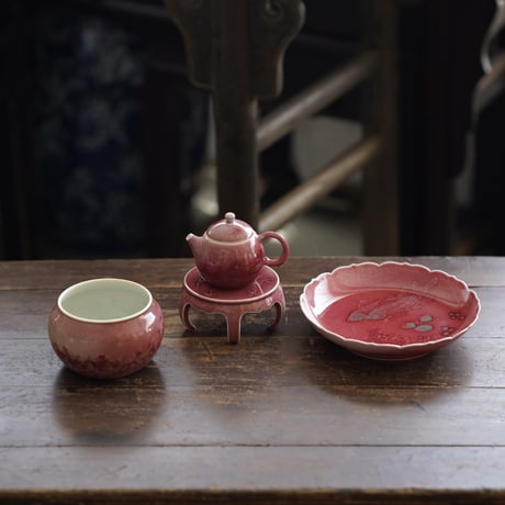 豇豆紅魚藻紋茶盤 PF204