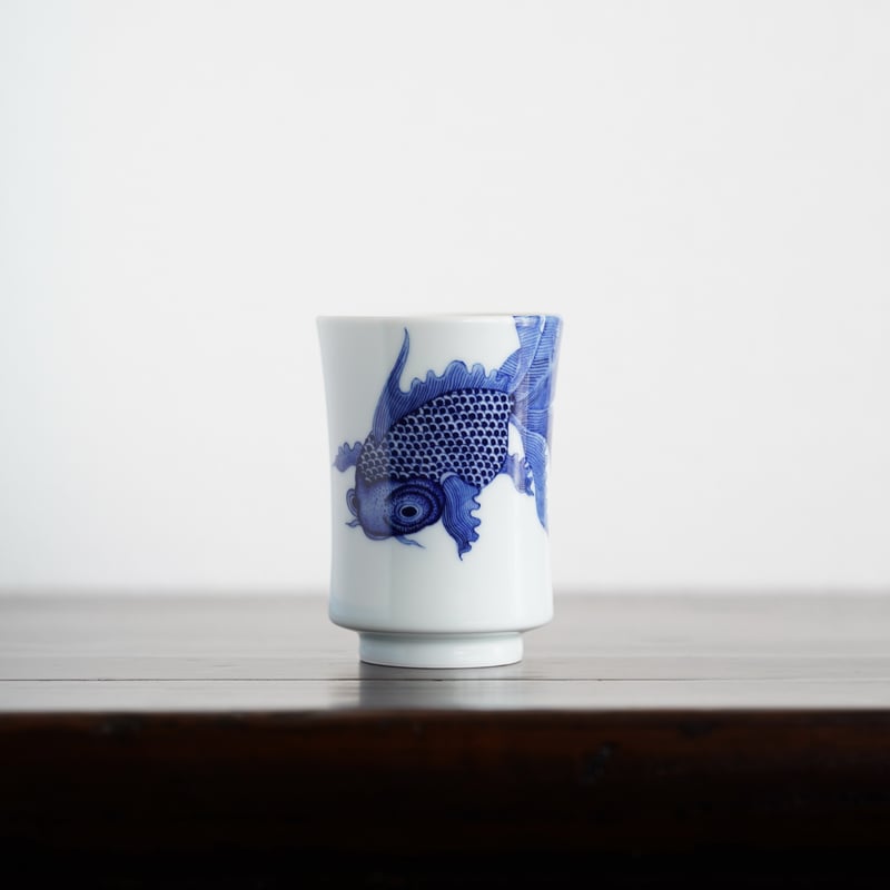 平安竹泉 青華染付 雙鱼紋樣 四角盃 茶道具 平安竹泉 青華染付 雙鱼紋樣 四角盃 茶道具 平安竹泉