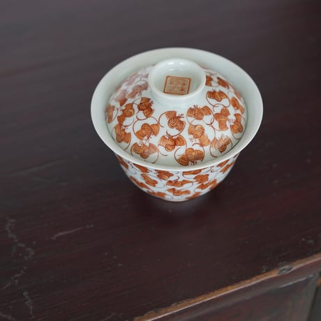 礬紅蝙蝠文二才蓋碗 PA067