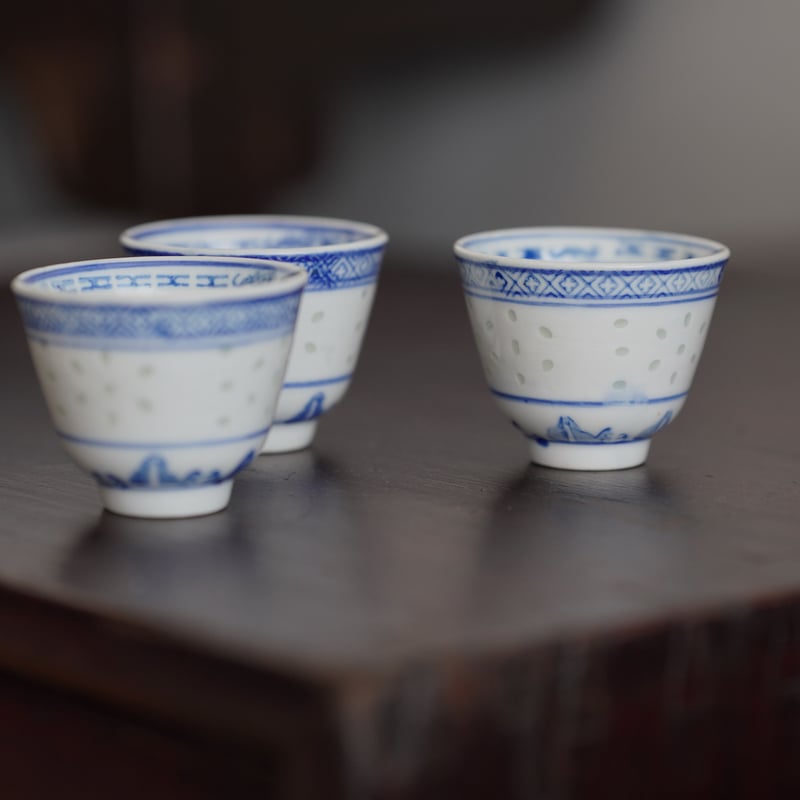 中国 玲瓏器 染付茶碗4点 玩玉 送料込み250425 玩玉 急須 中国景