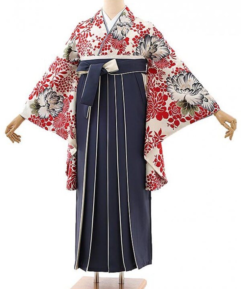 アッキー★オーダー　女子用紺矢羽根に金使い牡丹にピンク袴＆男子袴 512＞白赤牡丹x紺袴 | KARO KIMONO SALON