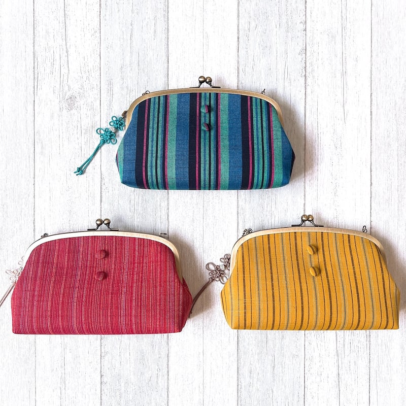 会津木綿＊親子がま口お財布ショルダーバッグ（紺地3色縞） | Rui