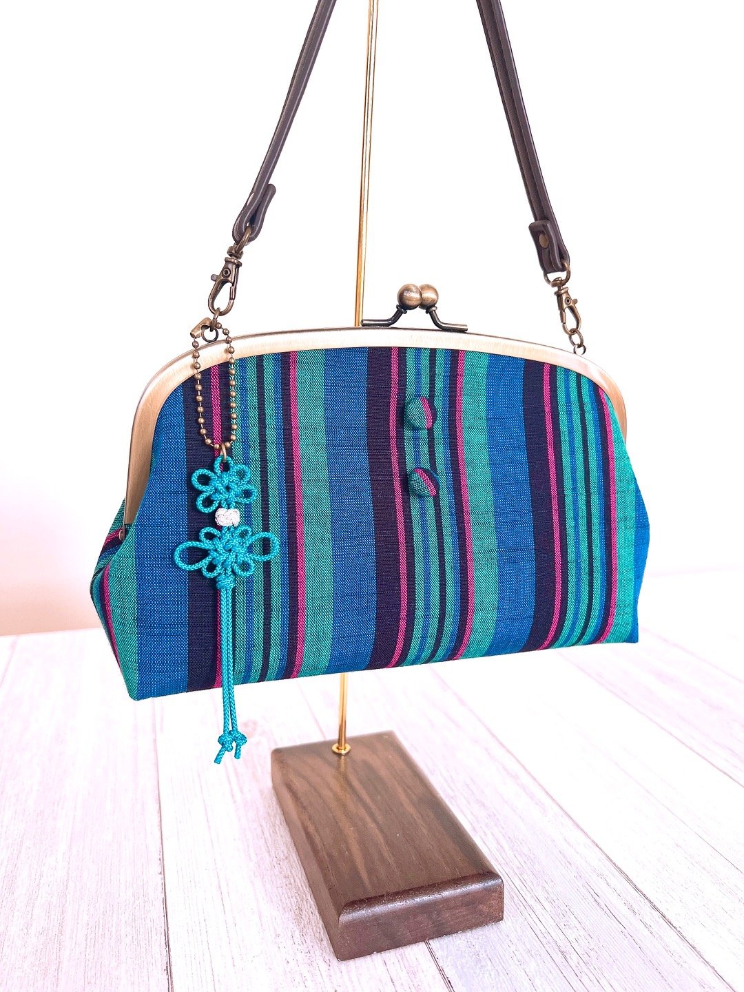 会津木綿＊親子がま口お財布ショルダーバッグ（紺地3色縞） | Rui