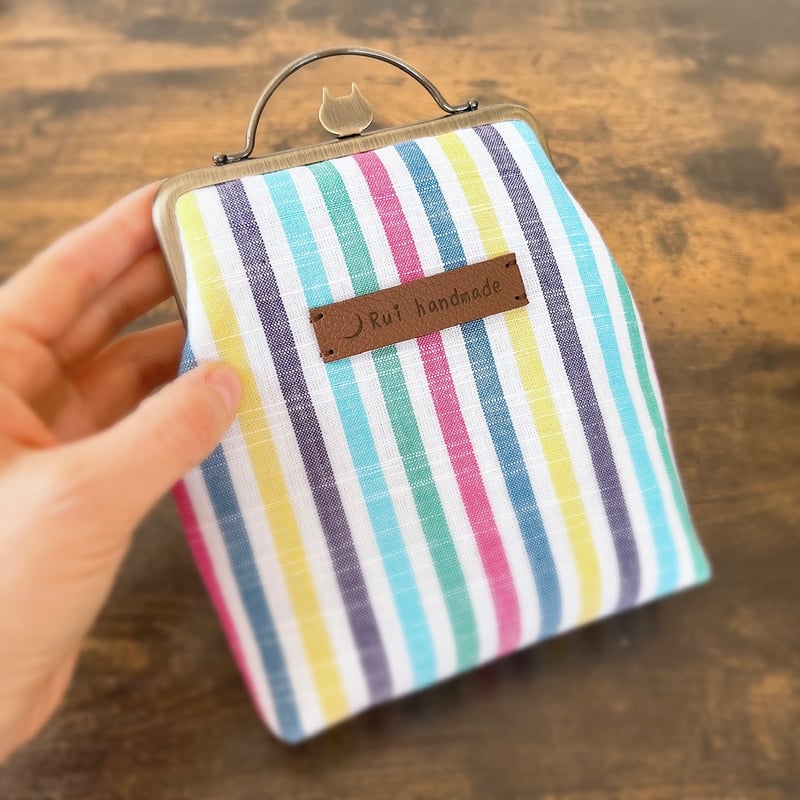 会津木綿＊猫ちゃん押し口金 がま口お化粧ポーチ（カラフル） | Rui  