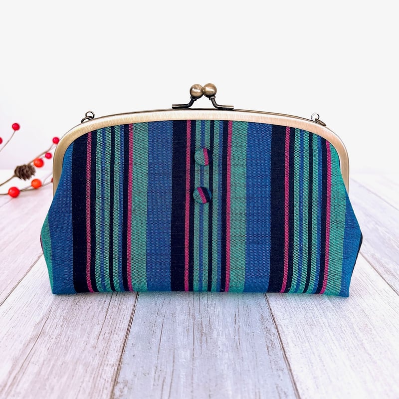 会津木綿＊親子がま口お財布ショルダーバッグ（紺地3色縞） | Rui