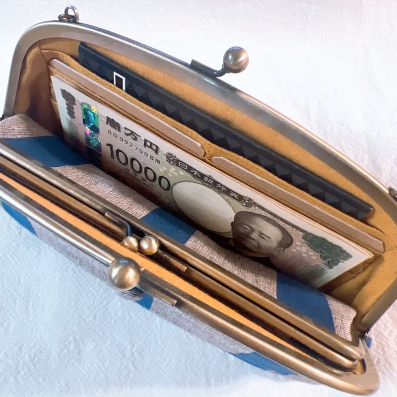 会津木綿＊親子がま口お財布ショルダーバッグ（紺地3色縞） | Rui