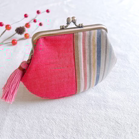 ＊会津木綿＊がま口財布・小物入れ （ピンク系）