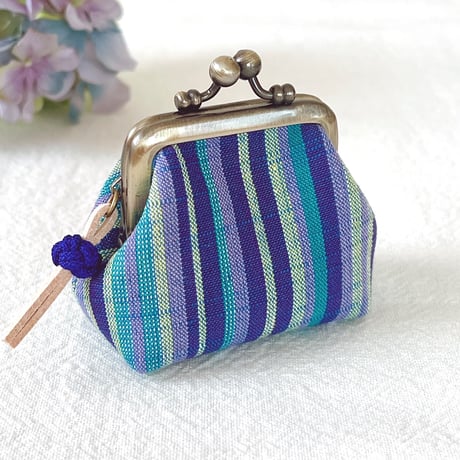 ＊会津木綿＊ぽってりミニがま口  アクセサリーケース（青系カラフル縞）