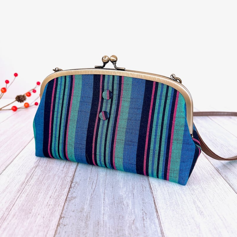 会津木綿＊親子がま口お財布ショルダーバッグ（紺地3色縞） | Rui