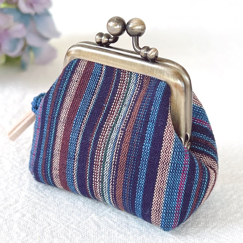 会津木綿＊ぽってりミニがま口 アクセサリーケース（紺茶多色縞