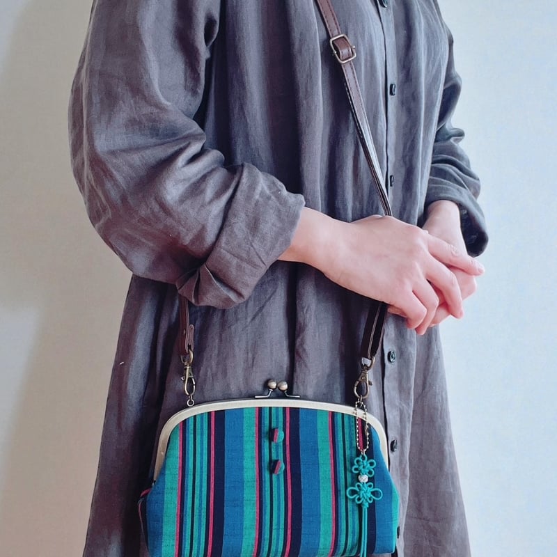 会津木綿＊親子がま口お財布ショルダーバッグ（紺地3色縞） | Rui