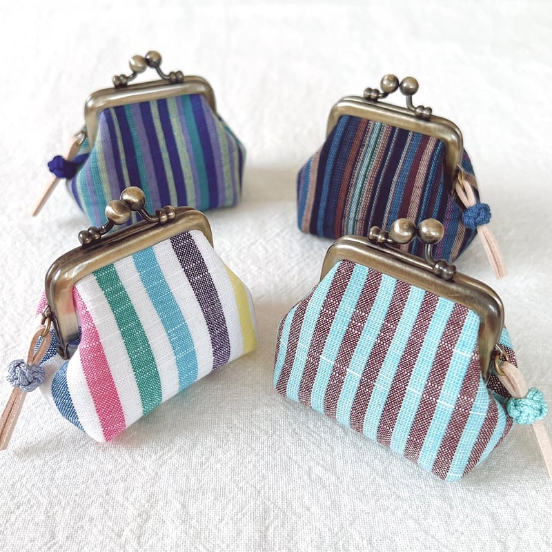 会津木綿＊ぽってりミニがま口 アクセサリーケース（紺茶多色縞