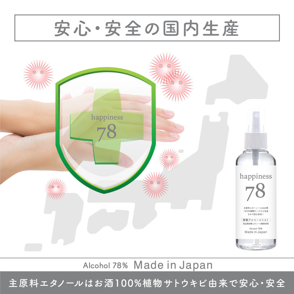 除菌アルコール78%、2本 happiness78除菌 アルコール液 スプレー2本セット送料無料【30秒