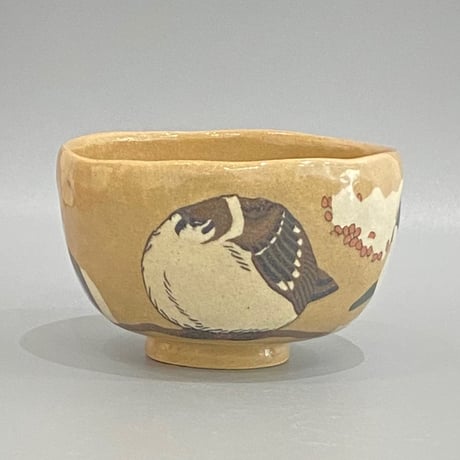 ぶんのまお　すずめと南天抹茶茶碗