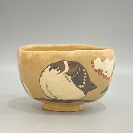 ぶんのまお　すずめと南天抹茶茶碗