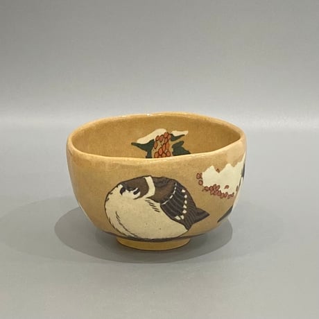ぶんのまお　すずめと南天抹茶茶碗