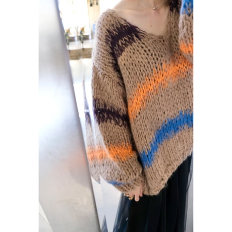 LES TRICOTS D'O レトリコドール Alpaca Pullover V Neck Stripes  Dark Purple / Yellow / Mint / Pink