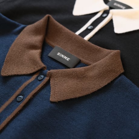 SINME　バイカラーポロニット ブルー×カーキ　S21AW-14-03
