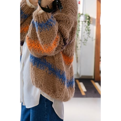 LES TRICOTS D'O レトリコドール  AlpacaPullover Cardigan Stripes  Camel / Dark Purple / Orange / Blue