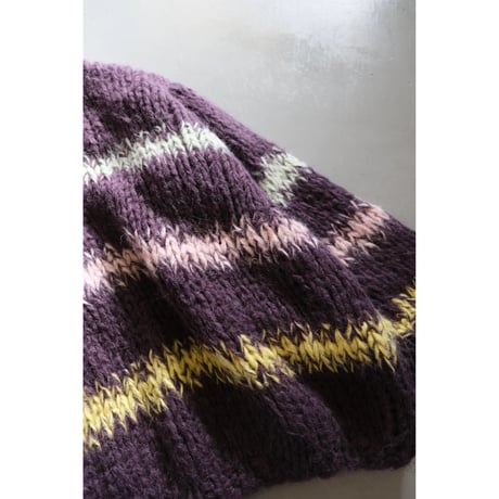 LES TRICOTS D'O レトリコドール Alpaca Pullover V Neck Stripes  Dark Purple / Yellow / Mint / Pink