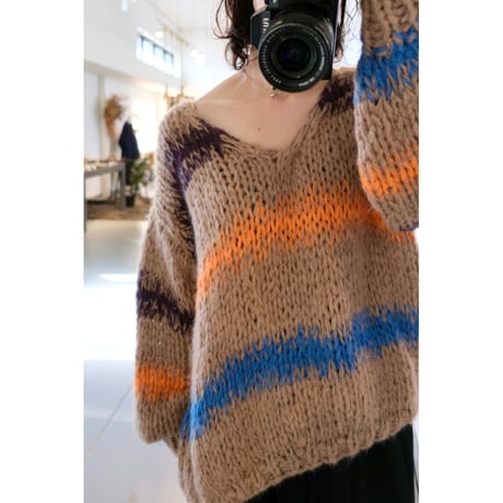 LES TRICOTS D'O レトリコドール Alpaca Pullover V Neck Stripes  Dark Purple / Yellow / Mint / Pink
