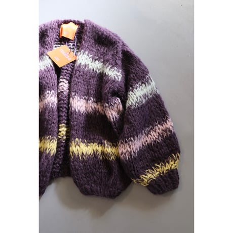 LES TRICOTS D'O レトリコドール   AlpacaPullover  Cardigan Stripes  Dark Purple / Yellow / Mint / Pink