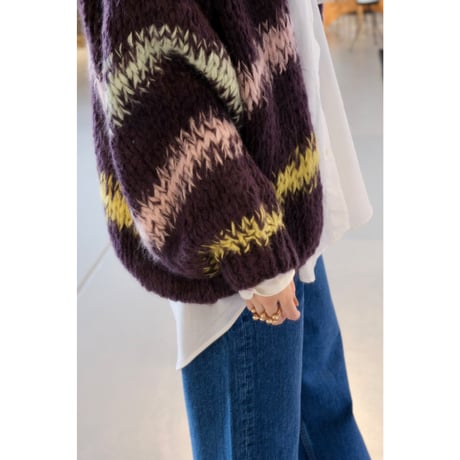 LES TRICOTS D'O レトリコドール   AlpacaPullover  Cardigan Stripes  Dark Purple / Yellow / Mint / Pink