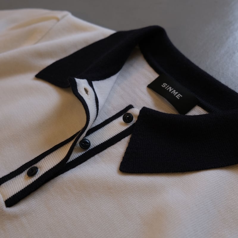SINME バイカラーポロニット S21-AW-10-01 オフ × ネイビ