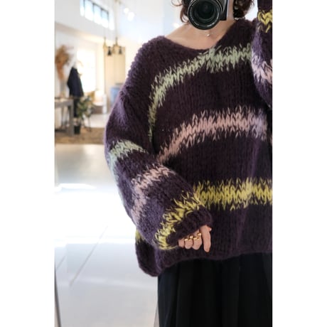 LES TRICOTS D'O レトリコドール Alpaca Pullover V Neck Stripes  Dark Purple / Yellow / Mint / Pink
