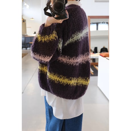 LES TRICOTS D'O レトリコドール   AlpacaPullover  Cardigan Stripes  Dark Purple / Yellow / Mint / Pink