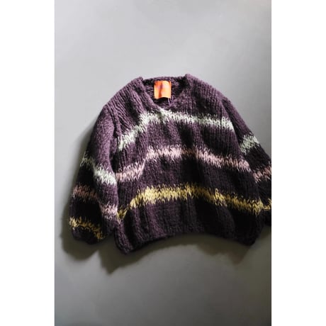 LES TRICOTS D'O レトリコドール Alpaca Pullover V Neck Stripes  Dark Purple / Yellow / Mint / Pink