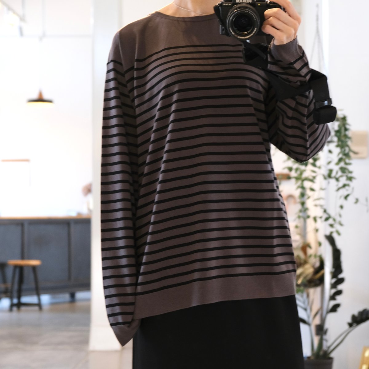 バトナー BORDER LONG SLEEVE トップス ニット 3 黒 白 BATONER Men TENCEL CASHMERE BORDER LONG SLEE