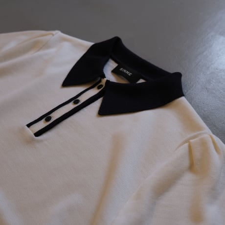 SINME    バイカラーポロニット    S21-AW-10-01    オフ × ネイビー