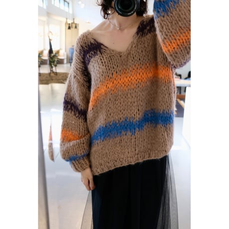 LES TRICOTS D'O レトリコドール Alpaca Pullover V Neck Stripes  Dark Purple / Yellow / Mint / Pink