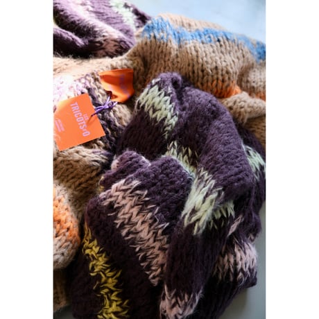 LES TRICOTS D'O レトリコドール Alpaca Pullover V Neck Stripes  Dark Purple / Yellow / Mint / Pink