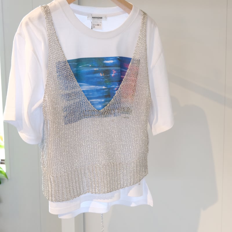 ハンドメイド　ニット　キャミソール( 白×シルバー)✩‧₊ NAKAGAMI ラメニットキャミ シルバー N0724A0014 | geep