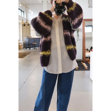 LES TRICOTS D'O レトリコドール   AlpacaPullover  Cardigan Stripes  Dark Purple / Yellow / Mint / Pink